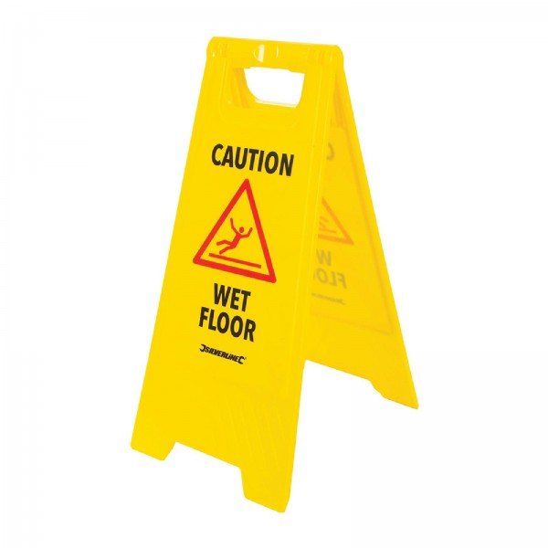 Warnschild „Vorsicht, nasser Fußboden“, A-förmig 295 x 610 mm, in englischer Sprache