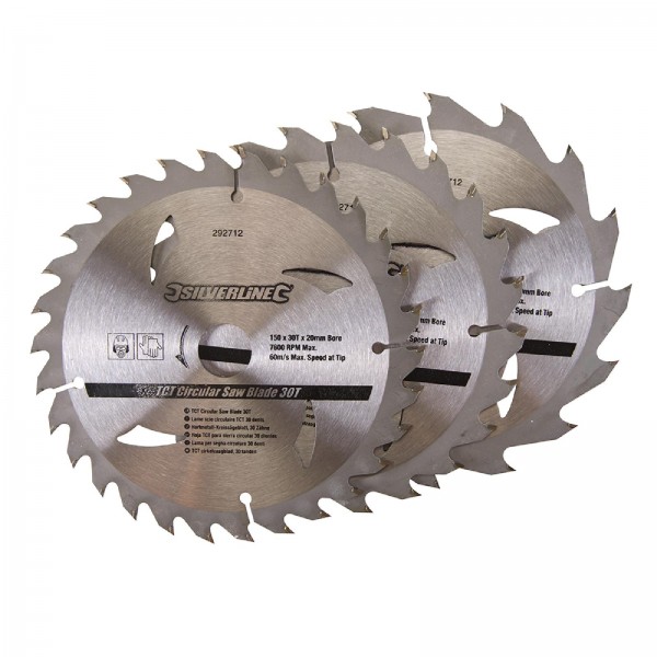 Hartmetall-Kreissägeblätter, 16, 24 und 30 Zähne, 3er-Pckg. 150 x 20, Reduzierringe: 16 u. 12,75 mm