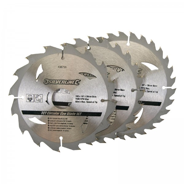 Hartmetall-Kreissägeblätter, 16, 24 und 30 Zähne, 3er-Pckg. 160 x 30, Reduzierringe: 20, 16 u. 10 mm
